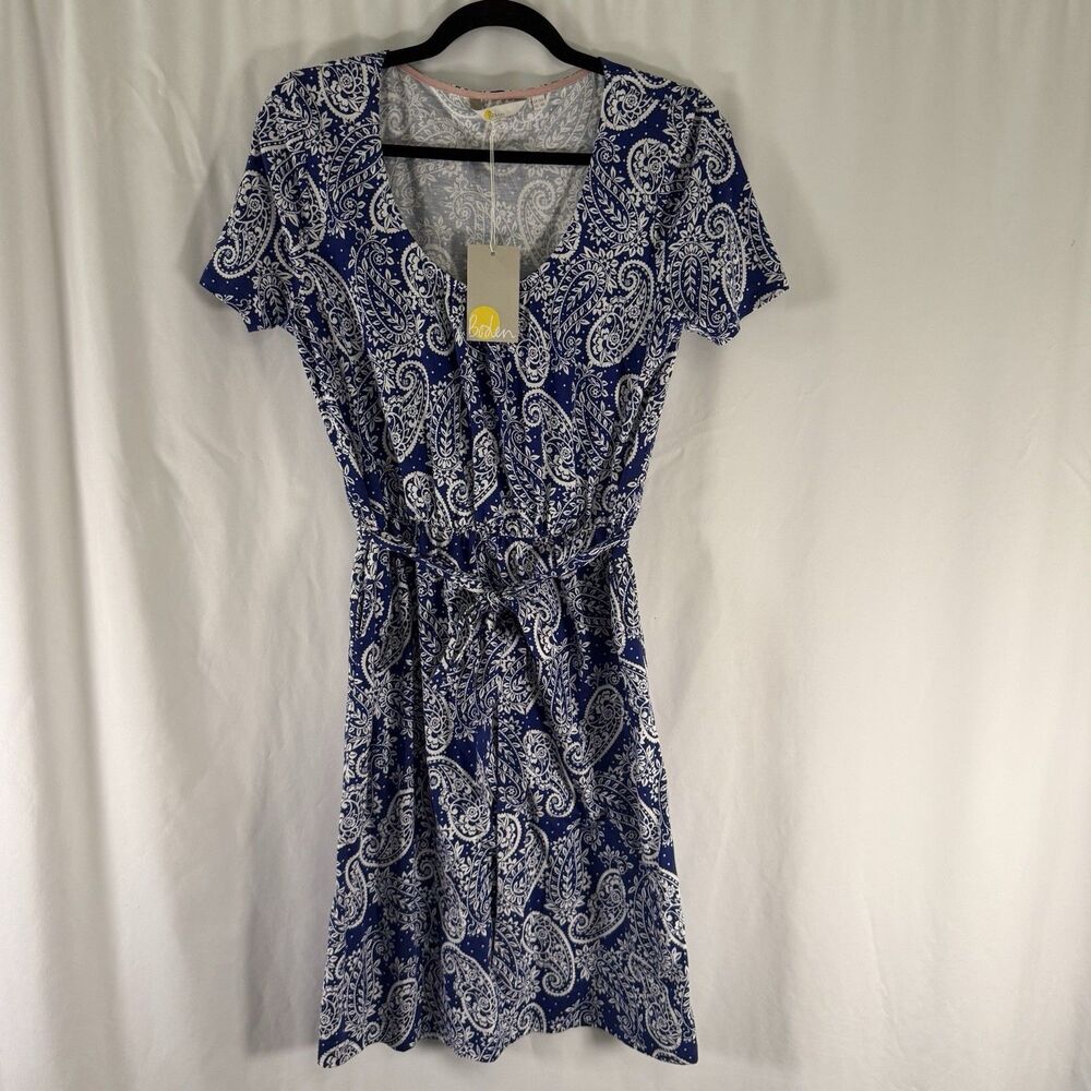 New Boden Lapis Paisley Mono Dress Women's 8 Blue Short Sleeve Belted Vneck